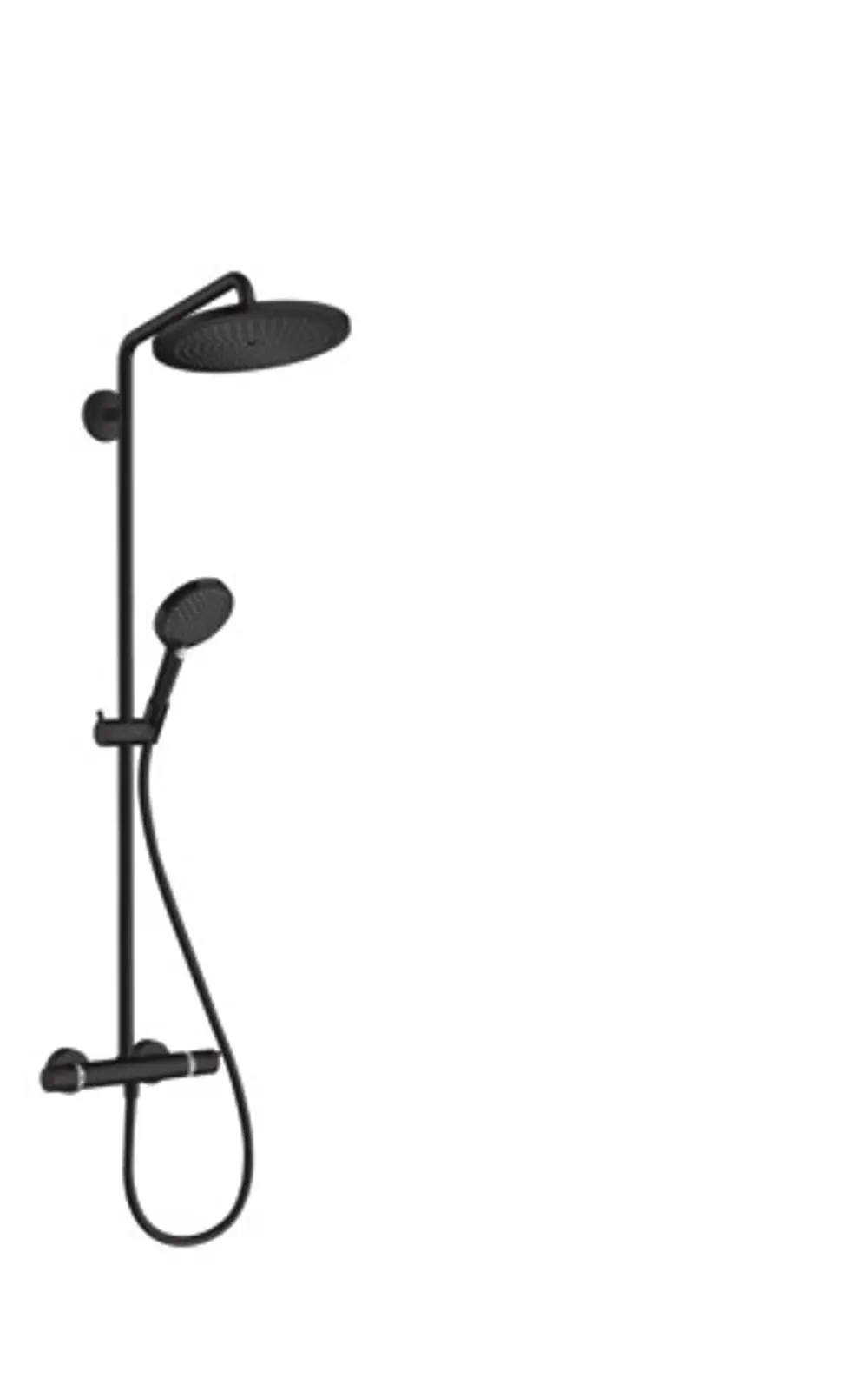 Schwarze Hansgrohe Dusche mit Kopfbrause und Handbrause, integrierter Thermostat und flexibler Schlauch. Simple, funktionale Gestaltung für Badezimmer.